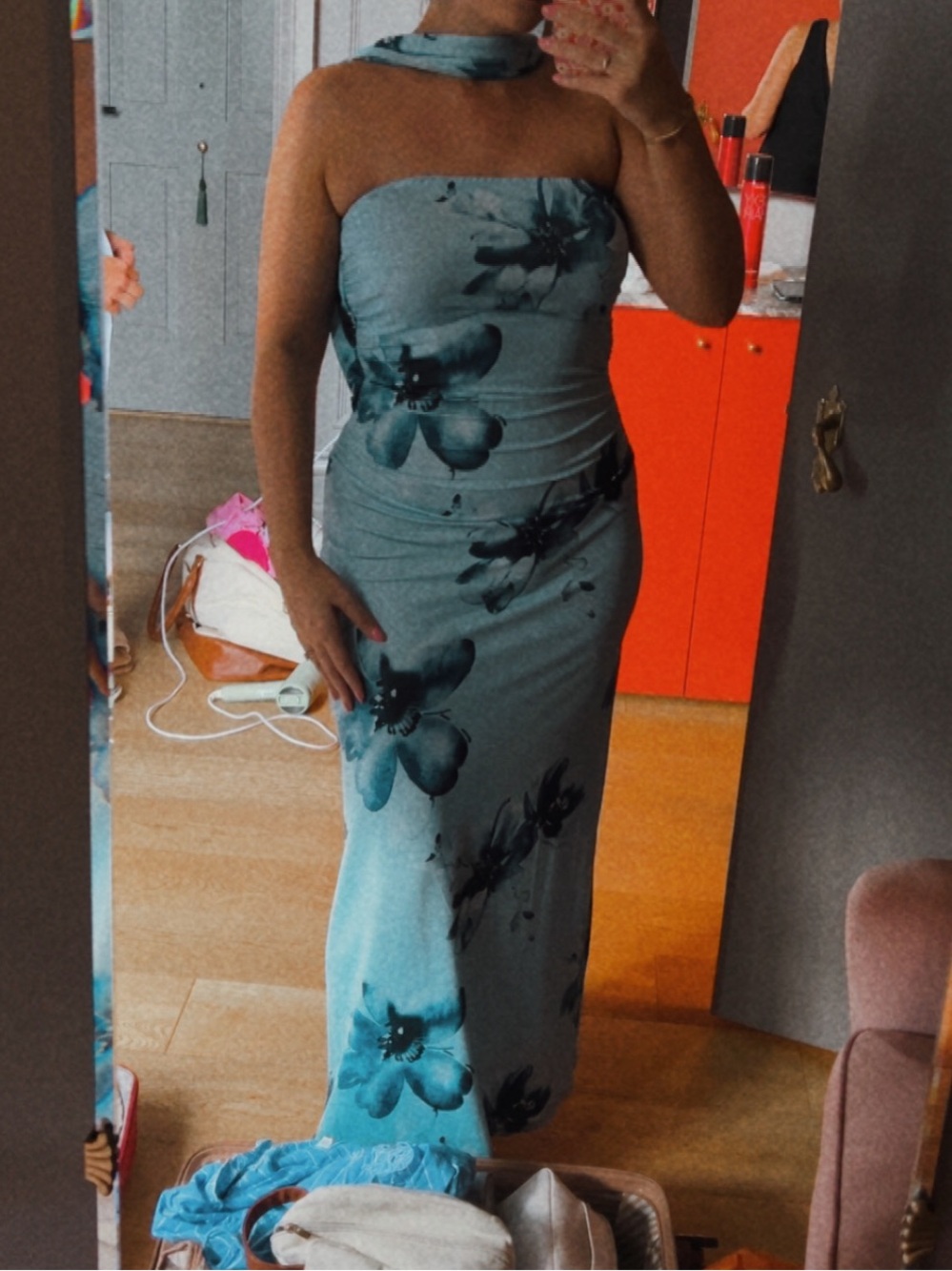 Strapless Floral Maxi Dress with Neck Scarf - Light Blue